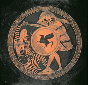 Rote Figur Kylix, Darstellung einer Kampfszene zwischen einem Hopliten mit einem runden Schild mit Pegasus-Motiv und einem bärtigen, liegenden Perser, Attisch, Griechisch, 460 v. Chr.